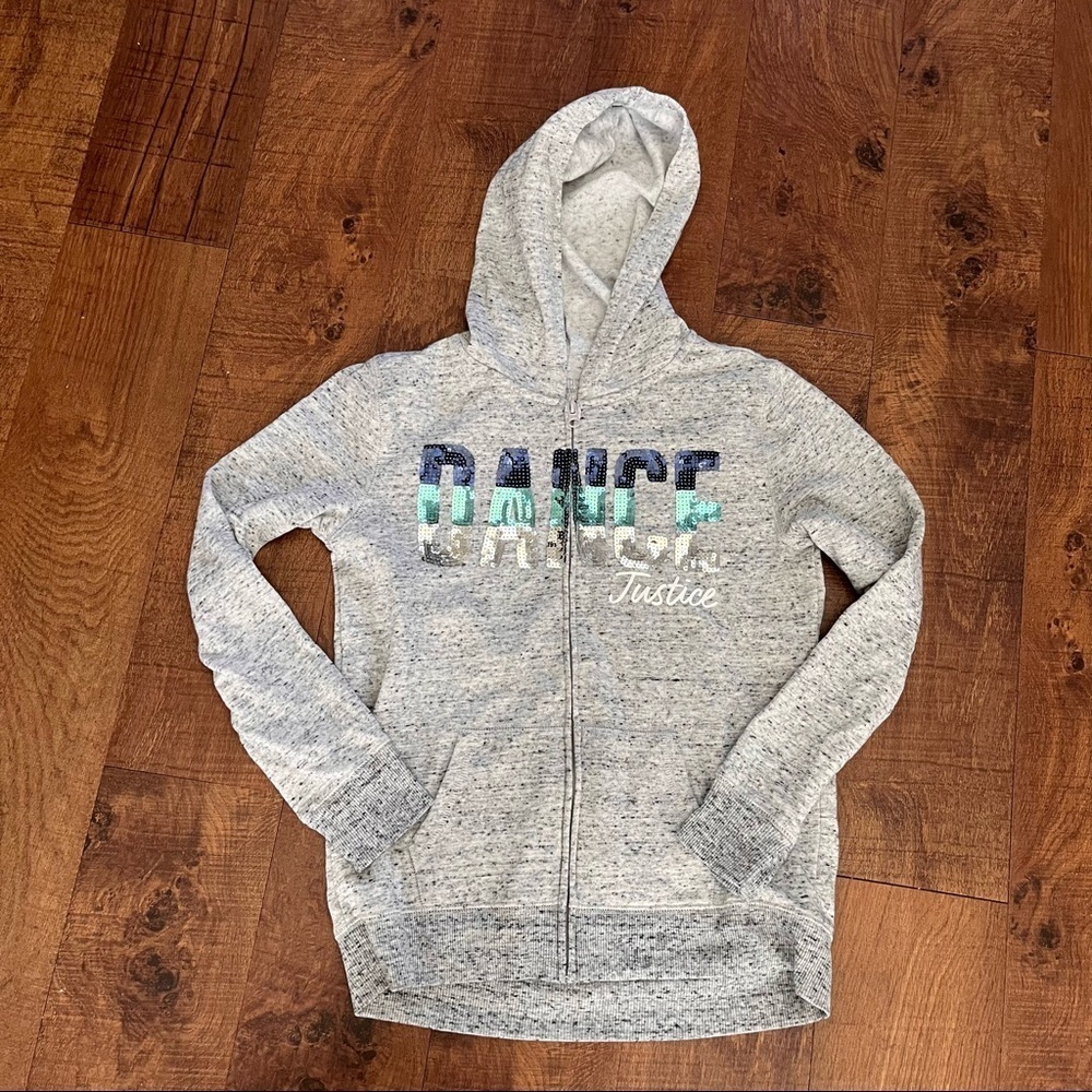 Justice active girl gray hoodie w/ sequin blue silver dance theme Sz 12/14